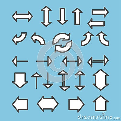 Set of arrows linear icons. Download, refresh, upload, check, sh Vector Illustration