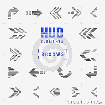 Set of arrows, pointers, directions, navigation. Futuristic interface hud design elements for ui. Stickers, icons and Vector Illustration