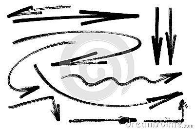 Set of arrows various shapes. Monochrome artistic notes. Hand drawn design elements. Vector freehand details for design. Vector Illustration