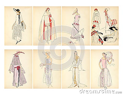 Set of 8 Art Deco Era Flapper Women's Fashion Plate Cards Stock Photo