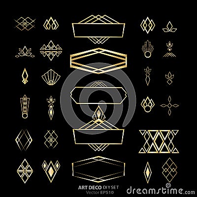 Set of Art Deco / Art Nuvo labels and frames and objects golden black Vector Illustration