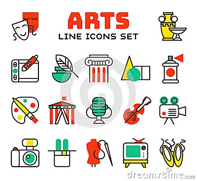 Set of art icons in flat design camera picture brush palette entertainment symbols and artist ink graphic color Vector Illustration