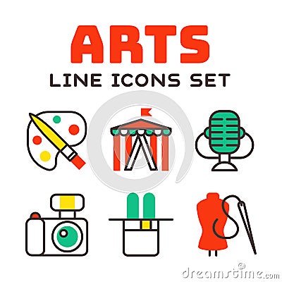 Set of art icons in flat design camera picture brush palette entertainment symbols and artist ink graphic color Vector Illustration