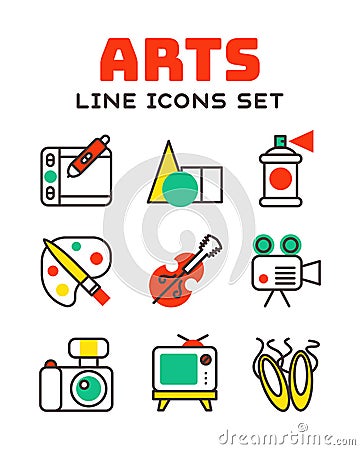 Set of art icons in flat design camera picture brush palette entertainment symbols and artist ink graphic color Vector Illustration