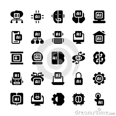 Set of Artificial Intelligence AI Robotic Algorithm solid style icon - vector Vector Illustration