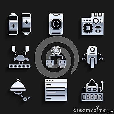 Set Artificial intelligence, Computer api interface, Error robot, Robot, Waiter, Robotic arm on factory, Motherboard Vector Illustration