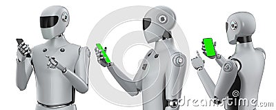 Set of artificial intelligence cyborgs or robots with mobile phone Stock Photo