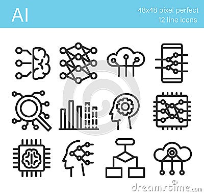 Set of artificial intelligence icons. Artificial brain, neural network Vector Illustration