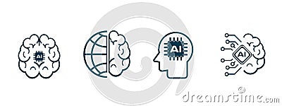 Set of 4 artificial intelligence icons, set of four AI icons, machine learning, smart robotic and cloud computing network digital Vector Illustration