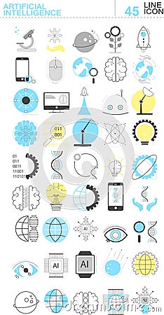 Set of artificial intelligence line icons. Rockets, mobile phone, gears, computer, codes and robots Vector Illustration