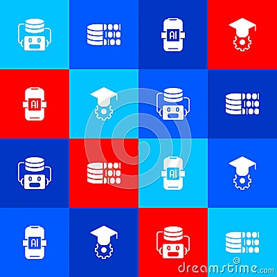 Set Artificial intelligence robot, Binary code, AI and Graduation cap icon. Vector Vector Illustration