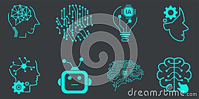 SET of 8 of Artificial Intelligence Vector Line Icons Set. Face Recognition, Android, Humanoid Robotic concept vector and Vector Illustration
