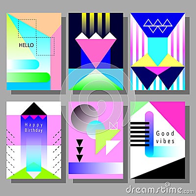 Set of artistic colorful cards. Memphis trendy style. Covers with flat geometric pattern. Vector Illustration