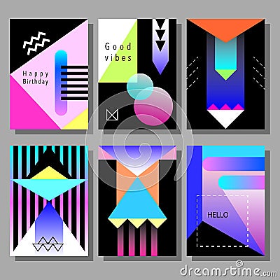 Set of artistic colorful cards. Memphis trendy style. Covers with flat geometric pattern. Vector Illustration