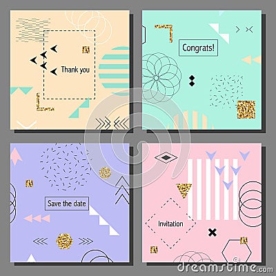 Set of artistic colorful cards. Memphis trendy style. Covers with flat geometric pattern. Vector Illustration