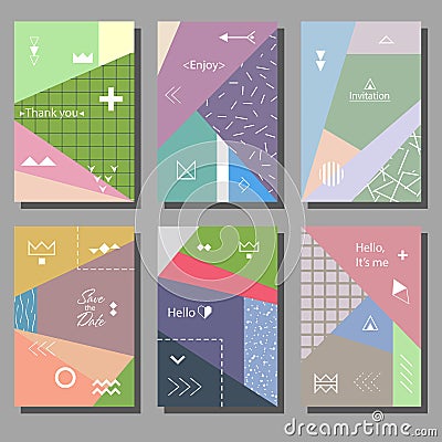 Set of artistic colorful cards. Memphis trendy style. Covers with flat geometric pattern. Vector Illustration