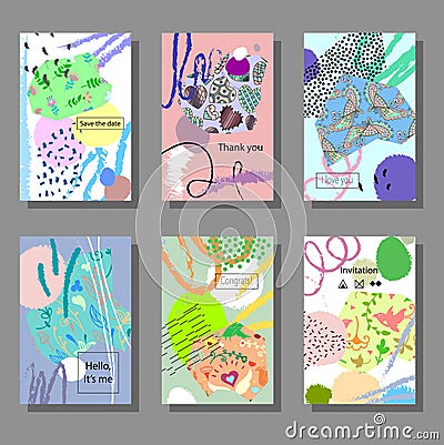 Set of artistic colorful cards. Memphis trendy style. Covers with flat geometric pattern. Vector Illustration