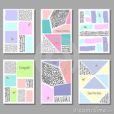 Set of artistic colorful universal cards. Memphis style. Wedding, anniversary, birthday. Vector Illustration