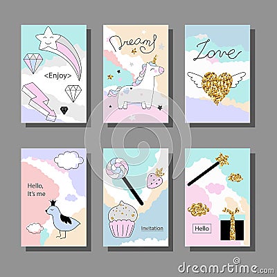 Set of artistic colorful universal cards with unicorn and magic things Vector Illustration