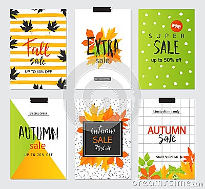 Set of artistic creative autumn sale cards. Design for sale and special offer. Vector templates for poster, card, tag Vector Illustration