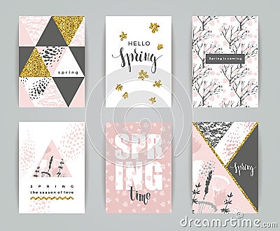 Set of artistic creative spring cards. Vector Illustration