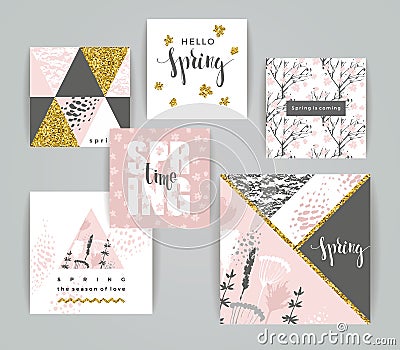 Set of artistic creative spring cards. Vector Illustration