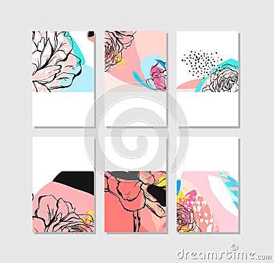 Set of artistic creative universal cards. Hand Drawn textures. Wedding, anniversary, birthday, Valentines day, party. Vector Illustration