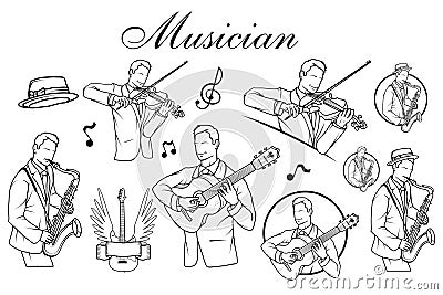 Set of Artists musician Playing. Saxophone player. Guitar player. Violinist player. Vector Illustration