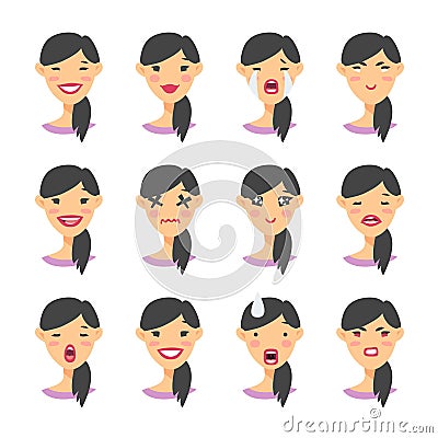 Set of asian emoji character. Cartoon style emotion icons. Isolated girl avatars with different facial expressions. Flat illustrat Cartoon Illustration