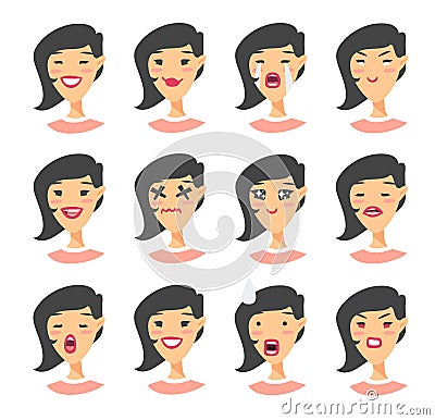 Set of asian emoji character. Cartoon style emotion icons. Isolated girl avatars with different facial expressions. Flat illustrat Cartoon Illustration