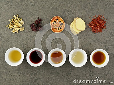 set of asian herbal tea. Chrysanthemum, Roselle, quince, ginger, Safflower Stock Photo