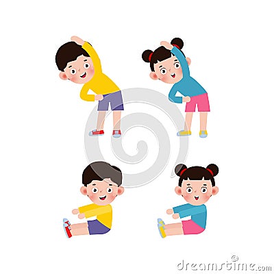 Set of Asian Kids Exercising, Children exercising ,child exercising , happy Kids Exercising cute cartoon flat design isolated Vector Illustration