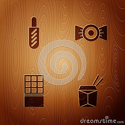 Set Asian noodles and chopsticks, Hotdog sandwich, Chocolate bar and Candy on wooden background. Vector Vector Illustration