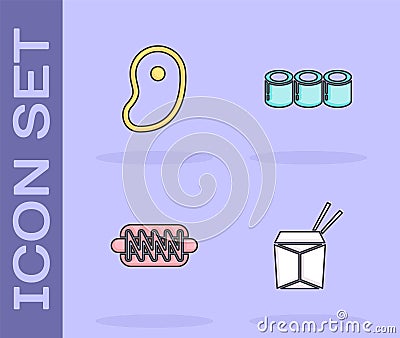 Set Asian noodles and chopsticks, Steak meat, Hotdog sandwich and Sushi icon. Vector Vector Illustration