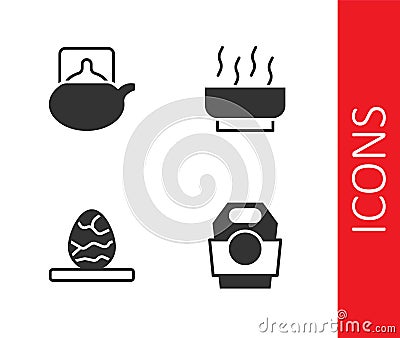 Set Asian noodles in paper box, Traditional tea ceremony, Chinese egg and Ramen soup bowl icon. Vector Stock Photo