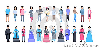 Set Of Asian People Wearing Traditional Costumes And Modern Clothes Full Length Isolated Vector Illustration