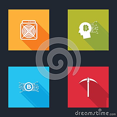 Set ASIC Miner, Bitcoin think, Cryptocurrency bitcoin circuit and Pickaxe icon. Vector Vector Illustration