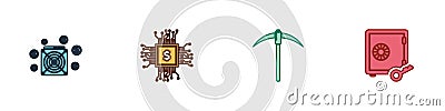 Set ASIC Miner, Processor chip with dollar, Pickaxe and Proof of stake icon. Vector Vector Illustration