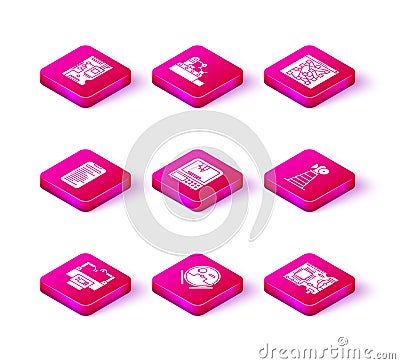 Set Assembly line, Robot vacuum cleaner, Computer api interface, 3D printer, Printed circuit board PCB, Antenna, Global Vector Illustration