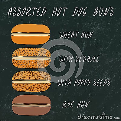 Set of Assorted Hot Dog Buns. Wheat Bun with Sesame, Poppy Seeds, Rye Bun. For Fast Food, Bar Menu. Hand Drawn High Quality Clean Stock Photo