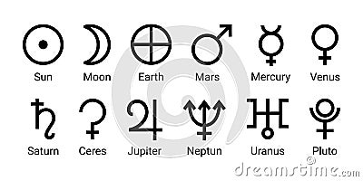 Set astrology and astronomy planet symbols. Planetary outline icons, simple alchemy icons, glyphs of planets. Vector Illustration