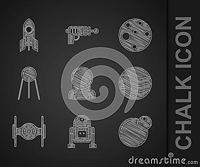 Set Astronaut helmet, Robot, Planet, Cosmic ship, Satellite, Mars and Rocket icon. Vector Vector Illustration