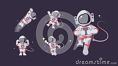 Set of astronaut in various poses in outer space. Spaceman exploration galaxy. Astronomy, intergalactic flight concept Vector Illustration