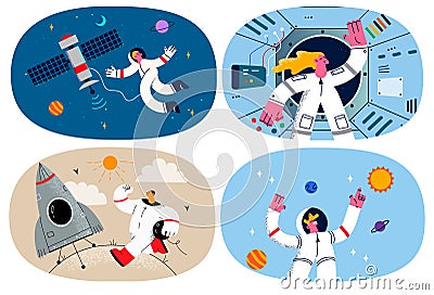 Set of astronauts discover explore open space Vector Illustration