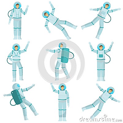 Set of astronauts of men and women dancing in zero gravity and conquering other planets. Drawing illustration. Cartoon Illustration