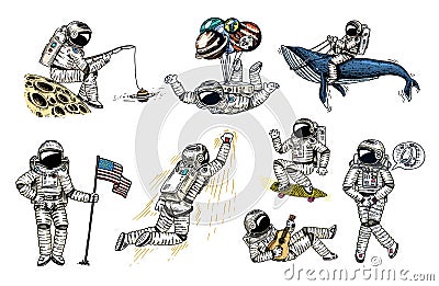 Set of Astronauts in space. Collection soaring spaceman with flag, whale and balloons. dancer musician skateboarder Vector Illustration