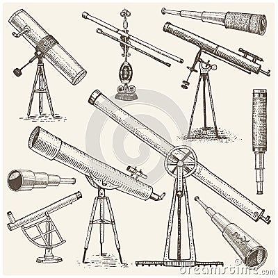 Set of astronomical instruments, telescopes oculars and binoculars, quadrant, sextant engraved in vintage hand drawn Vector Illustration