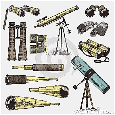 Set of astronomical instruments, telescopes oculars and binoculars, quadrant, sextant engraved in vintage hand drawn Vector Illustration