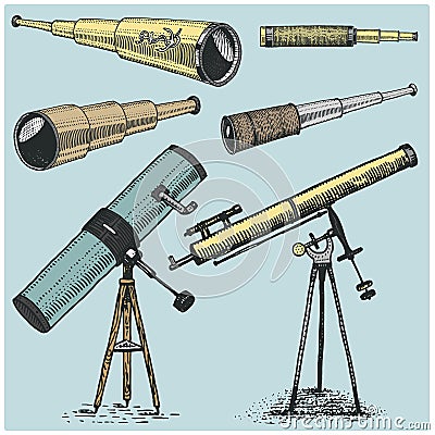 Set of astronomical instruments, telescopes oculars and binoculars, quadrant, sextant engraved in vintage hand drawn Vector Illustration