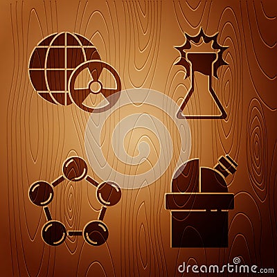 Set Astronomical observatory, Planet earth and radiation, Molecule and Test tube and flask on wooden background. Vector Vector Illustration